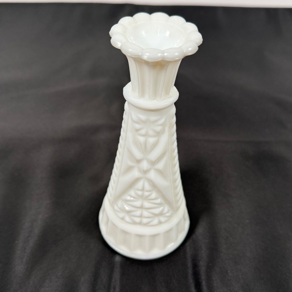 Milk Glass Bud Vase 6in White Embossed Star Ribbed Scalloped